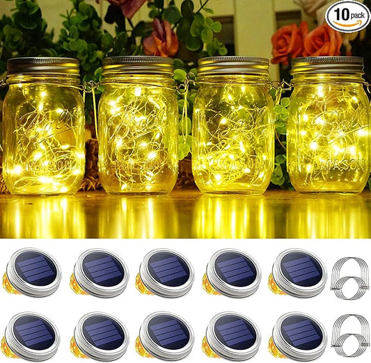 SmilingTown 10 Pack 30 LED Solar Mason Jar Lid String Lights,Fairy Lights Including 10 Pcs Hangers,for Indoor Outdoor Wedding Patio Garden Party Decorations Gift(No Jars) (Warm White)