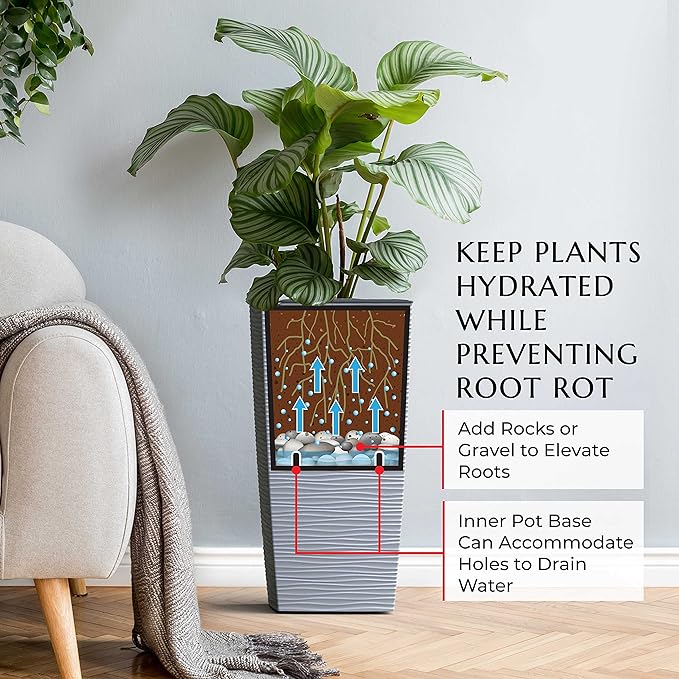 Mueller M-Resin Heavy Duty Tall Planter, Indoor/Outdoor Grande Plant, Tree, Flower Pot, 2-Piece Set, 24”, Modern Design, Built-in Drainage, Light Gray