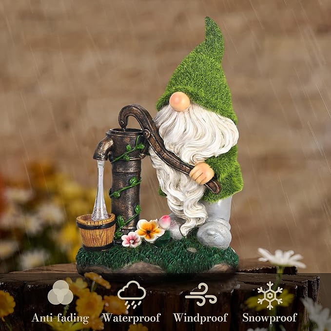 TERESA'S COLLECTIONS Resin Garden Gnomes Decor with Solar Lights, Green Outdoor Decorations for Porch Patio, Gifts for Women and Men，Outdoor Garden Decor Ornaments for Outside, 10"
