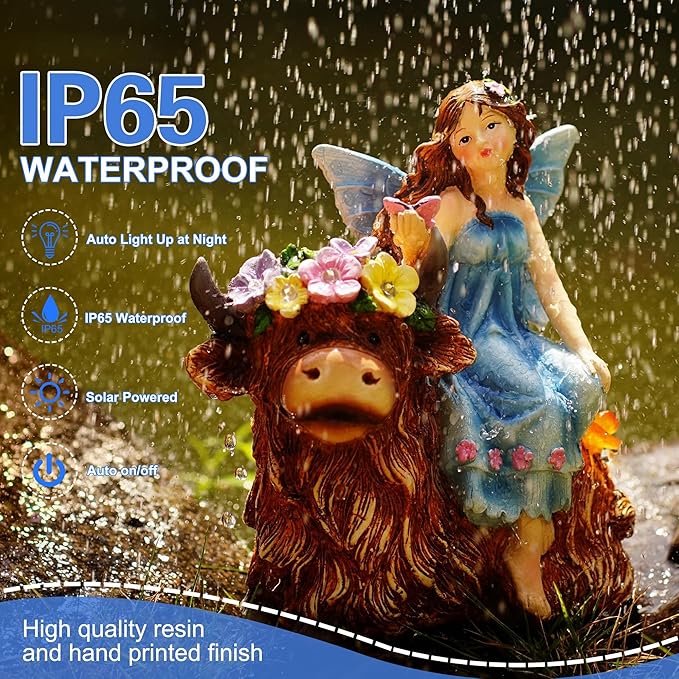 Solar Angel Garden Statue - Garden Fairy Sitting on a Highland Cow with Flowers, Butterflies and 5 LED Lights - Decorate Table, Terrace, Lawn, Birthdays, Grandma, mom
