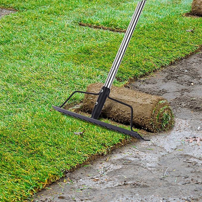 15 Inch Wide Bow Rake, 16 Steel Tines Metal Head Rake Tool with Stainless Steel Handle, Adjustable Long Handle Garden Rake for Loosening Soil Leveling Mulch Gathering Lawns Leaves