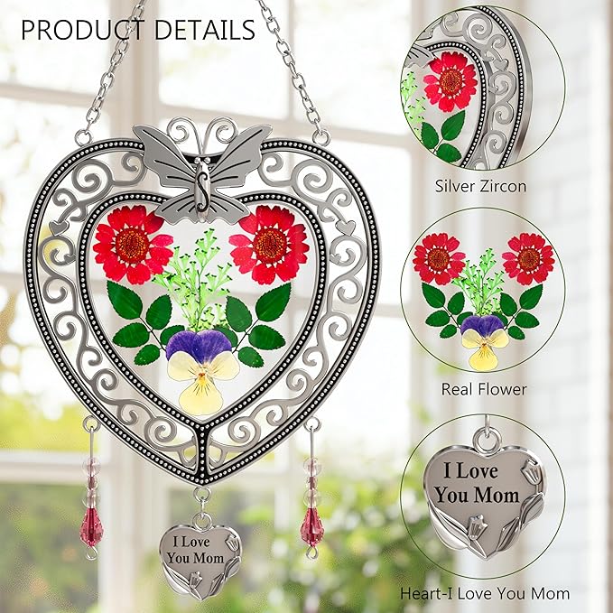 KY&BOSAM Heart Suncatcher-Stained Glass Panles I Love You Mom Sun catchers Hangings for Windows Wind Chime Ornament Mom Gifts - Gifts for Mother`s Day Valentine`s Day Birthday Christmas