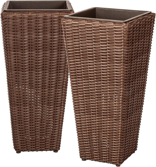 Patio Sense 62501 Alto Wicker All-Weather Planter Set with Liners Tall Plant Decor Box for Outdoors Patio Herb Garden Furnishings - Mocha - Pack of 2