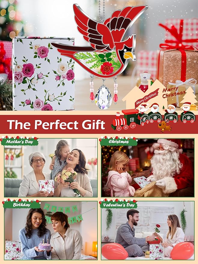 KY&BOSAM Cardinal Suncatcher Crystal Had Painted Glass Sun catchers Hangings for Windows Ornament with Pressed Real Flower and Heart Charm Birthday Gifts for Women Mom Mother's Day Christmas Mom Gifts