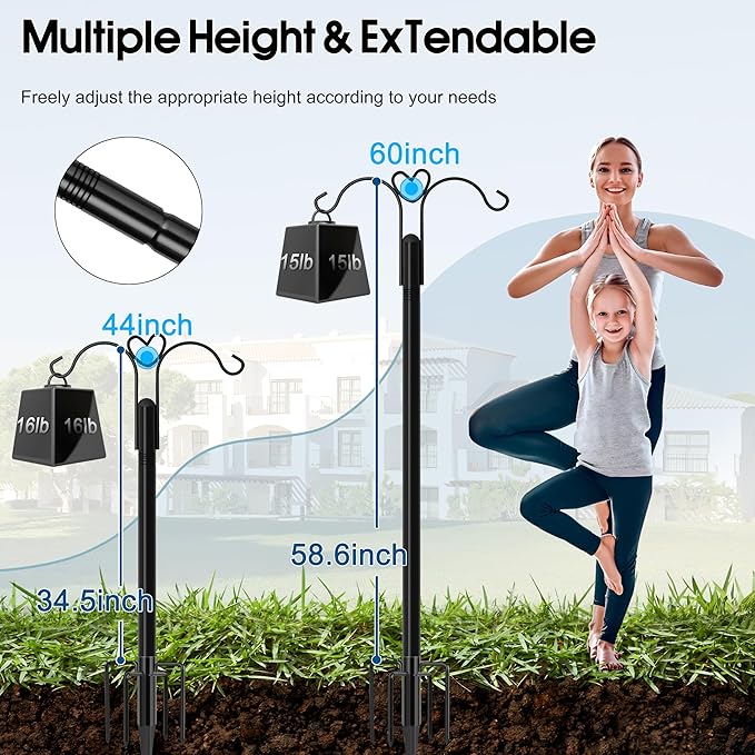 Ottsuls Bird Feeder Pole, 2 Pack 60 INCH Double Shepherds Hooks for Outdoor, with 5 Base Prongs Heavy Duty Tall Garden Planter Hooks for Hanging Flower Basket, Lantern, Hummingbird Feeder