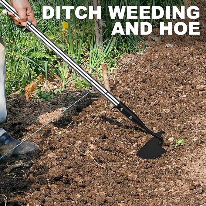 Warren Hoe, Carbon Steel Triangle Garden Hoe with Stainless Steel 57" Adjustable Long Handle, Heavy Duty Gardening Hand Tools Hoe for Ridging Weeding Digging Loosening Edging Soil