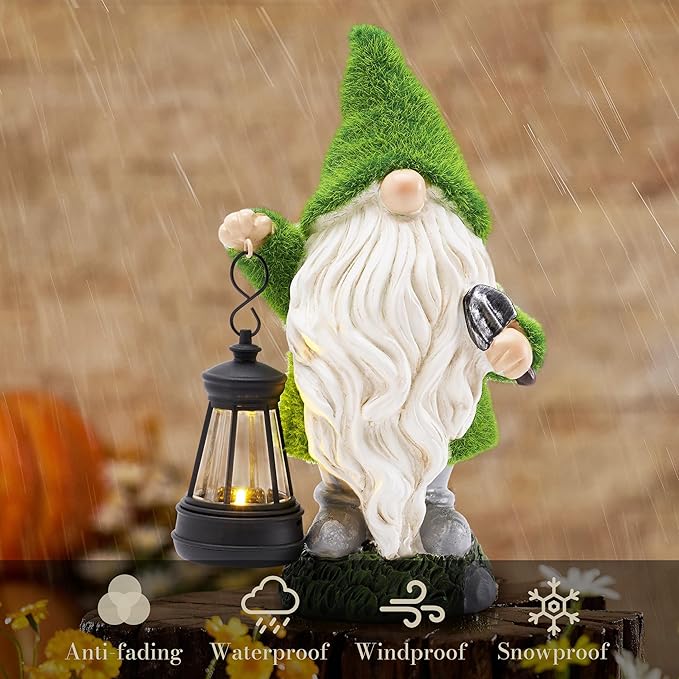 TERESA'S COLLECTIONS Christmas Outdoor Statue for Home, Resin Gnome Decorations with Solar Outdoor Lights for Garden Decor,Green Garden Sculptures & Statues for Front Patio Lawn, Gifts for Mom,8"