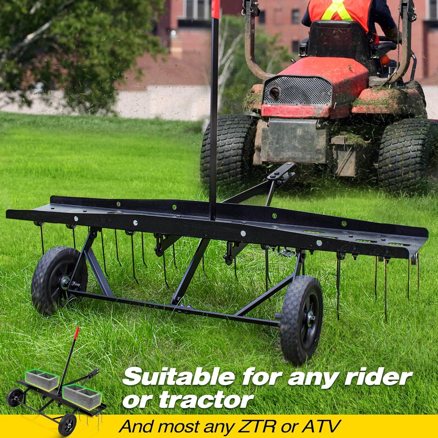 Suchtale 48inch Tow Behind Dethatcher with 24 Spring Steel Tines,Lawn Sweeper Garden Grass Tractor Rake Removes Thatch from Large Lawns, Riding Lawn Mower Attachments for Outdoor Yard Tools Lawn Care