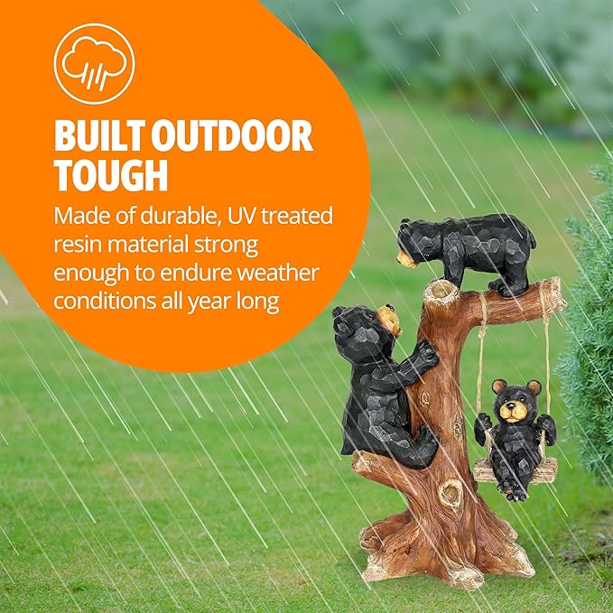 Exhart Garden Sculpture, Bear Family Tree Garden Statue with Real Swing, Outdoor Lawn and Yard Art Decoration, 9 x 6.5 x 14 Inch
