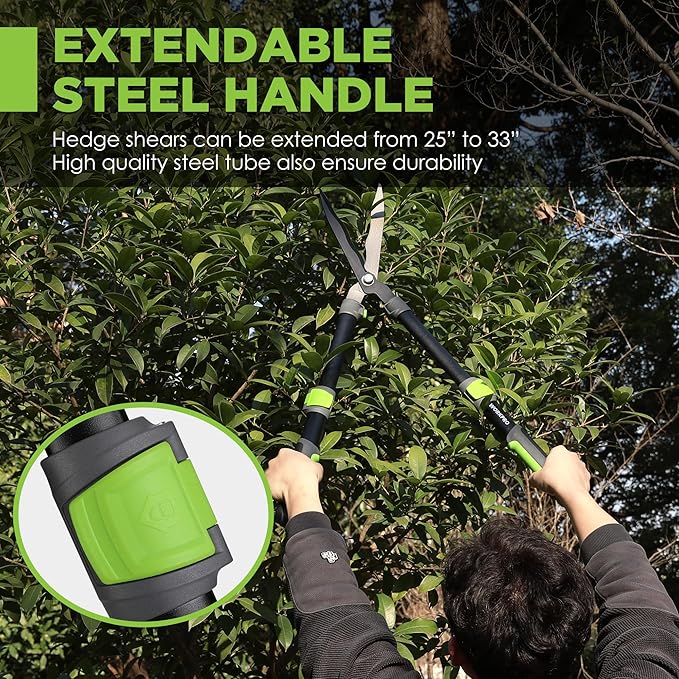 WORKPRO Extendable Hedge Shears, 25-33" Manual Hedge Clippers, Professional Bush Cutter, Gardening Pruners Scissors, Hedge Trimmers, Shears Gardening Tools for Pruning Borders & Shrubs
