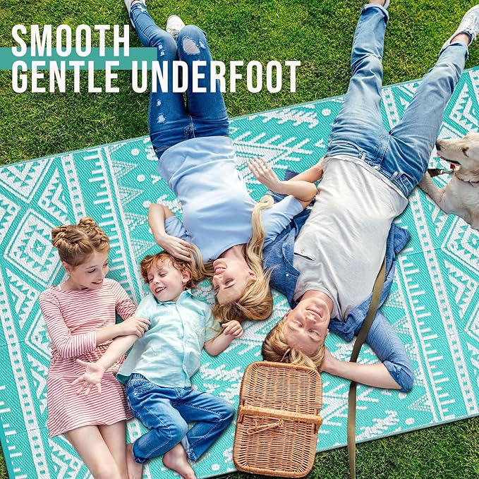 OLANLY Outdoor Rug Waterproof 9x18 ft, Reversible Outdoor Plastic Straw Rug, Boho Patio Rug, Indoor Outdoor Carpet, RV Mat Outside for Patio, Camp, Picnic, Balcony, Deck, Backyard, Turquoise & White