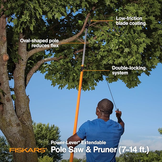 Fiskars 7ft-14ft Power-Lever Extendable Pole Saw and Tree Pruner, Lawn and Garden Tools, Black/Orange