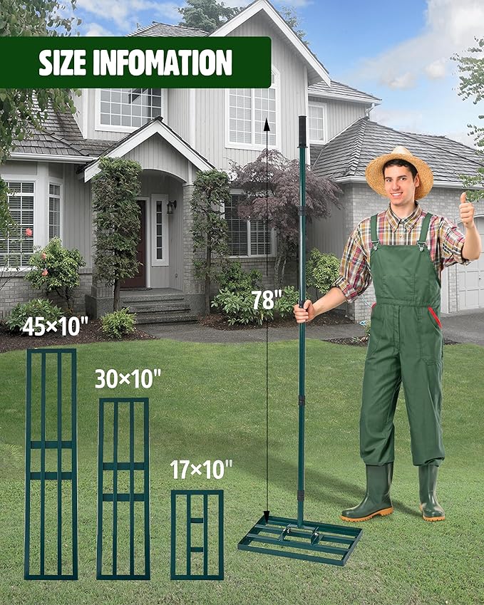Lawn Leveling Rake,Stainless Steel Lawn Leveler with 17”x10” Ground Plate, 78” Adjustable Long Handle, Heavy Duty Level Lawn Tool for Grass, Golf Field, Level Soil or Dirt Ground Surfaces-Green