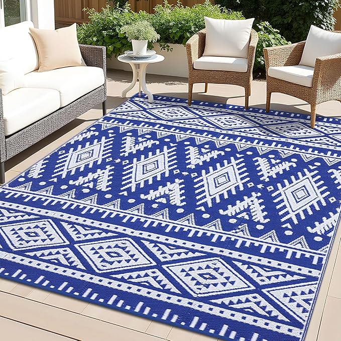 OLANLY Outdoor Rug Waterproof 9x12 ft, Reversible Outdoor Plastic Straw Rug, Boho Patio Rug, Indoor Outdoor Carpet, RV Mat Outside for Patio, Camp, Picnic, Balcony, Deck, Backyard, Blue & White