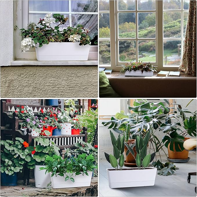 GREANER 12x3.8 Inch Herb Planters, 6 Pack White Rectangle Window Boxes with Tray, Indoor Succulent Cactus Mint Plastic Pot with Saucer for Windowsill, Balcony, Office, Outdoor Garden