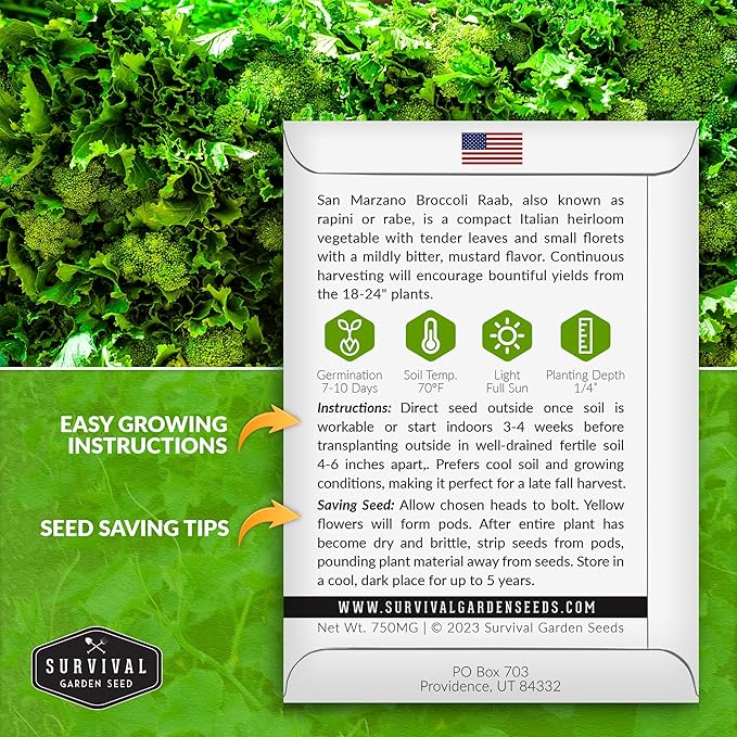 San Marzano Broccoli Raab Seed for Planting - 5 Packets with Instructions to Plant and Grow Rabe or Rapini Broccoli in Your Home Vegetable Garden - Non-GMO Heirloom Variety - Survival Garden Seeds