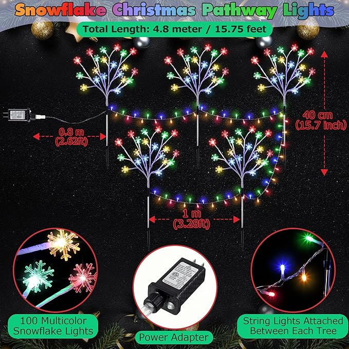 Enhon 5 Pack Snowflake Christmas Pathway Lights, 180 LED Garden Stake Lights with 8 Light Modes and Timer Function, Waterproof Xmas Decoration Tree Light for Outdoor Yard Lawn Patio Decor(Multicolor)