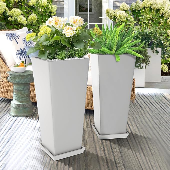 Set of 2 Large Tall Planter for Indoor or Outdoor 24" Tall Flower Pots Tapered Tall Planters with Tray for Porch, Patio, Backyard, Large Planters for Outdoor Indoor Plants(White)