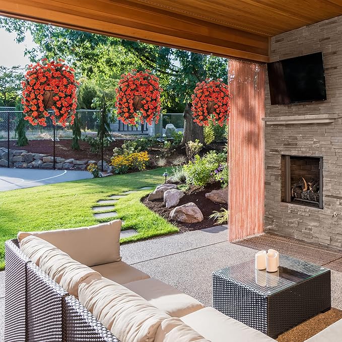 Hanging Baskets Artificial Flowers for Outdoor Interior Decor, Artificial Daisies Flowers Shrubs Plants with Baskets for Home Porch Garden Patio Patio Spring Summer Decor(Orange)