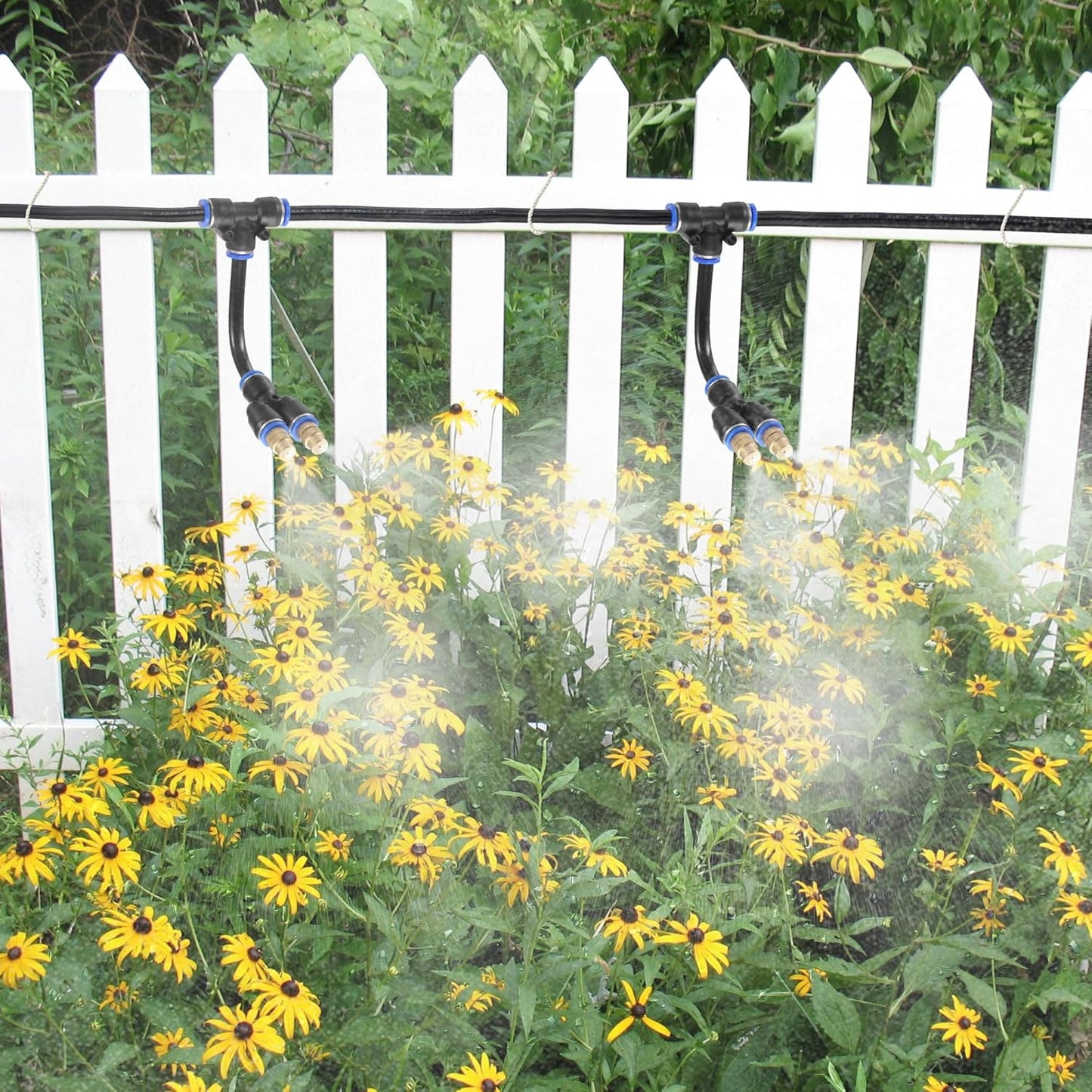 Mornajina 3Packs 2 Way Brass Misting Nozzles Tee with 9inch Built in Hose for Outdoor Cooling System, Adjustable 360° Rotation, Water Mister Nozzles Thread Sprayer 0.043" (1.1 mm)