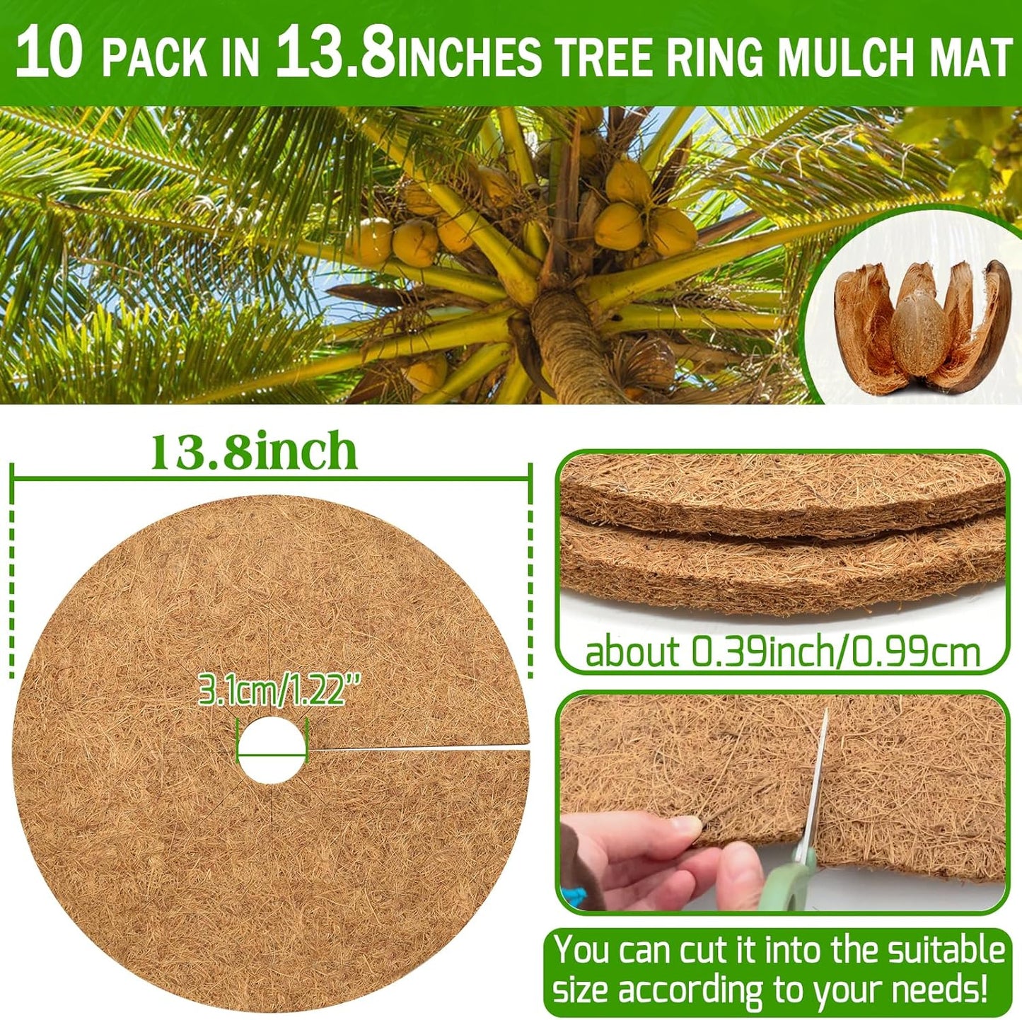 ZeeDix 10 Pack 14 Inch Coconut Fiber Mulch Ring, 100% Natural Coco Coir Tree Ring Mulch Mat Plant Protector Mat, Coconut Coir Discs Plant Pot Soil Cover for Indoor Outdoor Plants, Garden Decoration