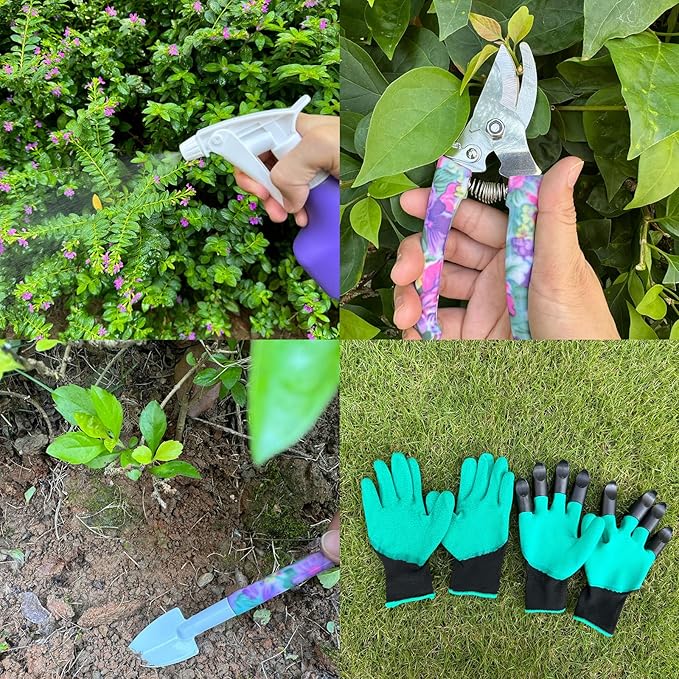 Garden Tool Set 15pcs, Potable Durable Gardening Tools Gift with Anti-Rust Shovel Shears Water Sprayer Digging Claw Gloves Store Case Ideal Gardening Set for Women Great Gift Purple