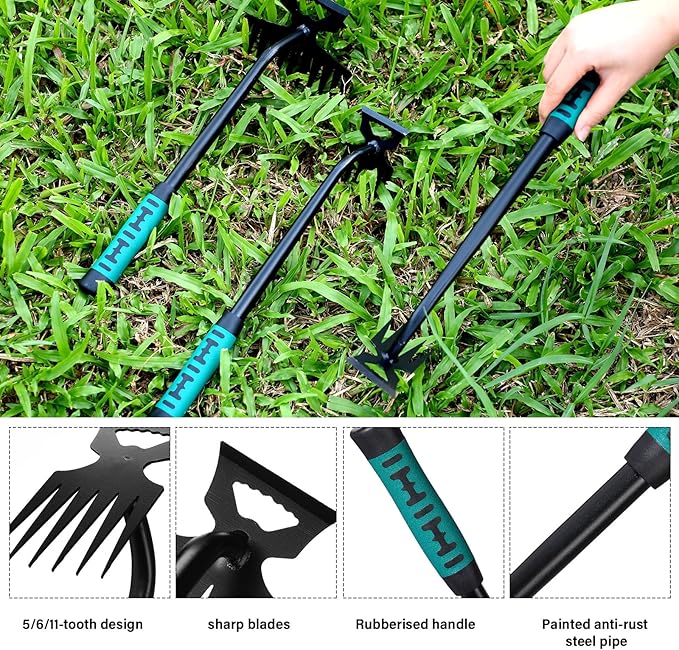 3 Pcs Weed Puller Tool Gardening Hand Weeder Tools, 5/6/11 Teeth Portable Weeder Tool Weeding Tool Dual Purpose Weed Puller, for Yard Farm Garden Cultivating Weeding Planting