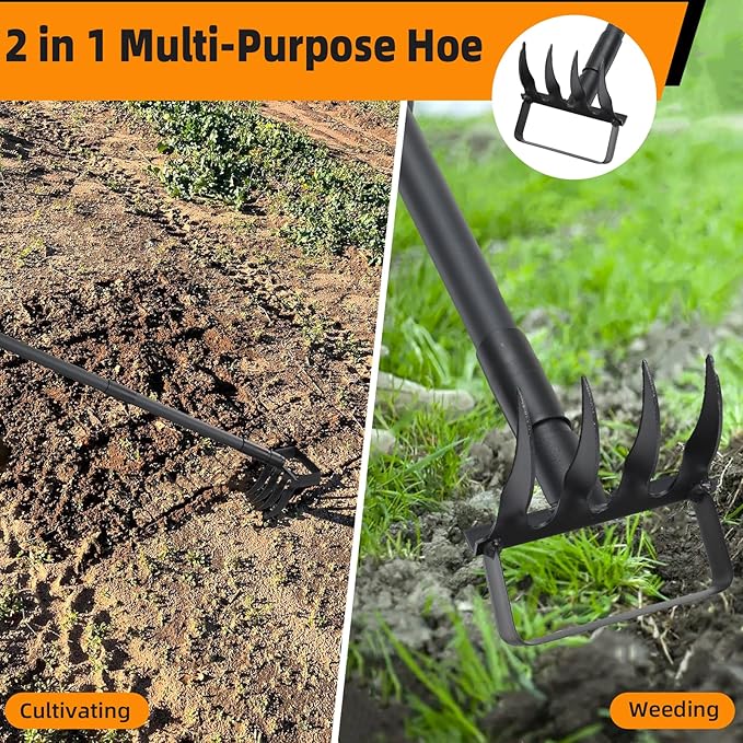 62.6Inch Action Stirrup Hoe Garden Tool Weed Puller with Adjustable Long Handle, Heavy Duty Hula Hoe and 4 Tines Rake 2 in 1 Gardening Tools Garden Cultivator for Weeding Soil Loosening, Black
