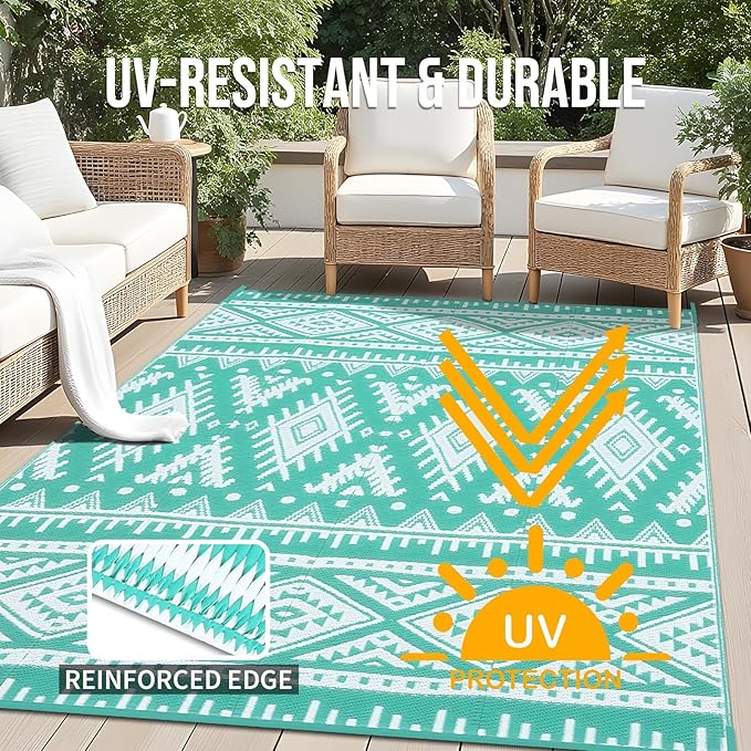 OLANLY Outdoor Rug Waterproof 9x12 ft, Reversible Outdoor Plastic Straw Rug, Boho Patio Rug, Indoor Outdoor Carpet, RV Mat Outside for Patio, Camp, Picnic, Balcony, Deck, Backyard, Turquoise & White