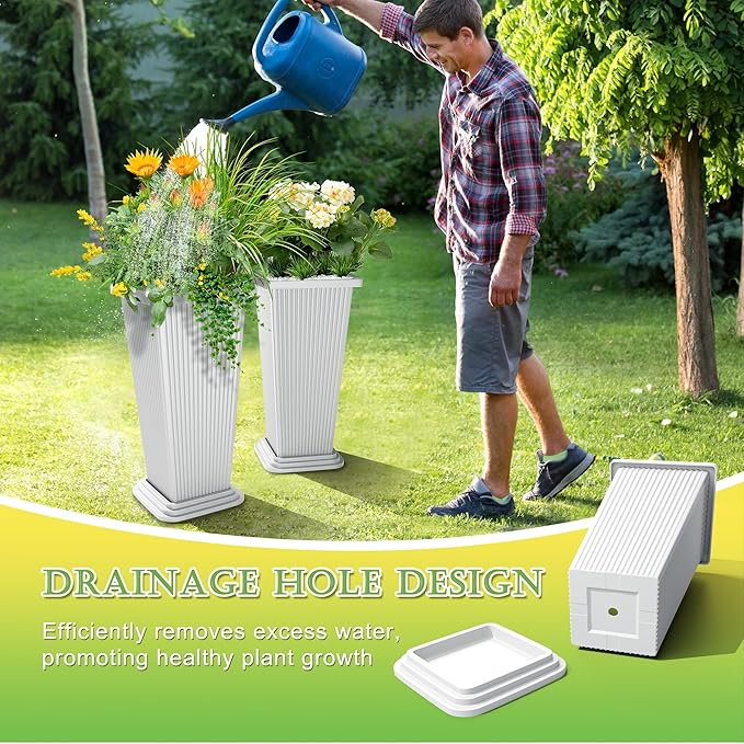 Set of 2 Large Tall Planter for Indoor or Outdoor 24" Tall Flower Pots Tapered Tall Planters with Tray for Porch, Patio, Backyard, Large Planters for Outdoor Indoor Plants(White,Striped)