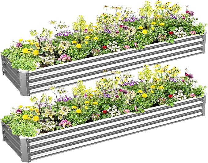 8x2x1ft(2 Pack) Galvanized Raised Garden Bed for Gardening,Metal Planter Boxes Outdoor Patio Kit Planting Bed for Vegetables Flowers Herb,Silver