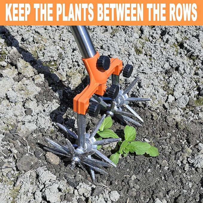 Rotary Cultivator Garden Rotary Tiller Adjustable Stainless Steel Poles Hand Tiller for Soil Mixing or Reseeding Grass Lawn Tiller Total Length 57 Inch.