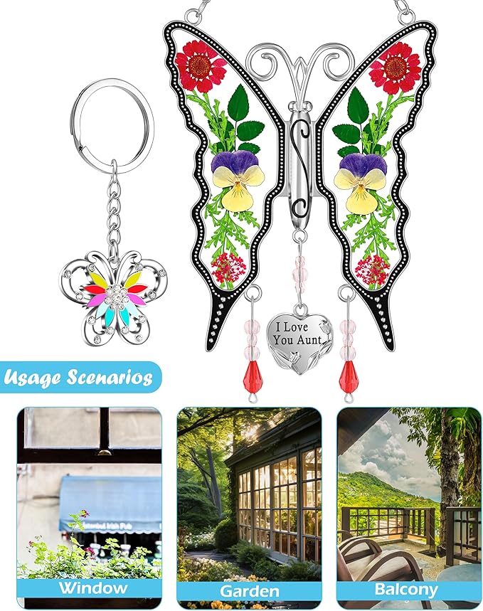 KY&BOSAM I Love You Aunt Butterfly Suncatcher for Windows Gifts for Aunt Pressed Flower Between Wings Glass Metal Engraved Charm Gifts for Aunt Mother's Day Valentine's Birthday Thanksgiving Christmas