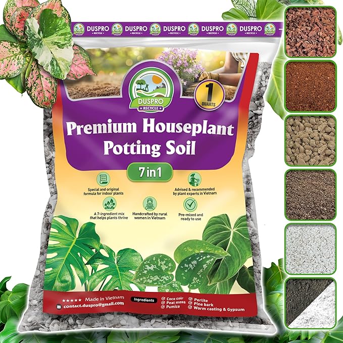 DUSPRO Recycle Pre-Mixed House Plant Potting Mix 7in1 with Potting Soil Indoor Plants, Tropical Indoor Potting Soil with Pine Bark, Pumice, Coco Coir, Perlite, Worm Castings, Gypsum, Peat Moss 1QRT