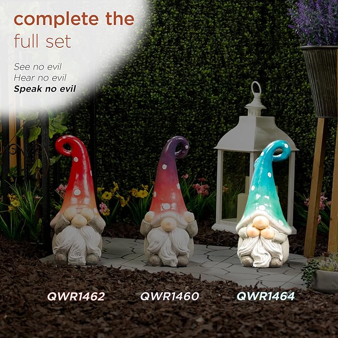 Alpine Corporation 17” Tall Outdoor Garden Gnome Yard Decoration - Speak No Evil Statue - Gnome with Turqoise Polka Dot Hat – Durable, Weatherproof Décor for Patio & Deck