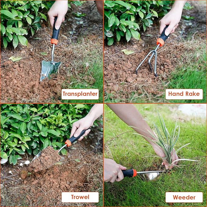 Garden Tool Set, 9 Piece Stainless Steel Heavy Duty Gardening Tool Set, with Non-Slip Rubber Grip, Storage Pocket, Ideal Garden Tool Kit Gift for Women/Parent