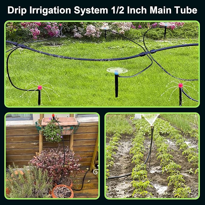 50FT 1/2 Inch Drip Irrigation Tubing Main Line Hose Tube, Drip Line Irrigation System Includes 2pcs 6-Way Connector & 1/2" Straight Connector & 3/4" to 1/2" Faucet Adapter for Garden Watering