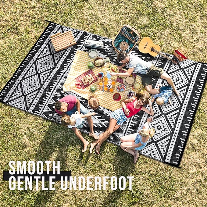 OLANLY Outdoor Rug Waterproof 8x10 ft, Reversible Outdoor Plastic Straw Rug, Boho Patio Rug, Indoor Outdoor Carpet, RV Mat Outside for Patio, Camp, Picnic, Balcony, Deck, Backyard, Black & White