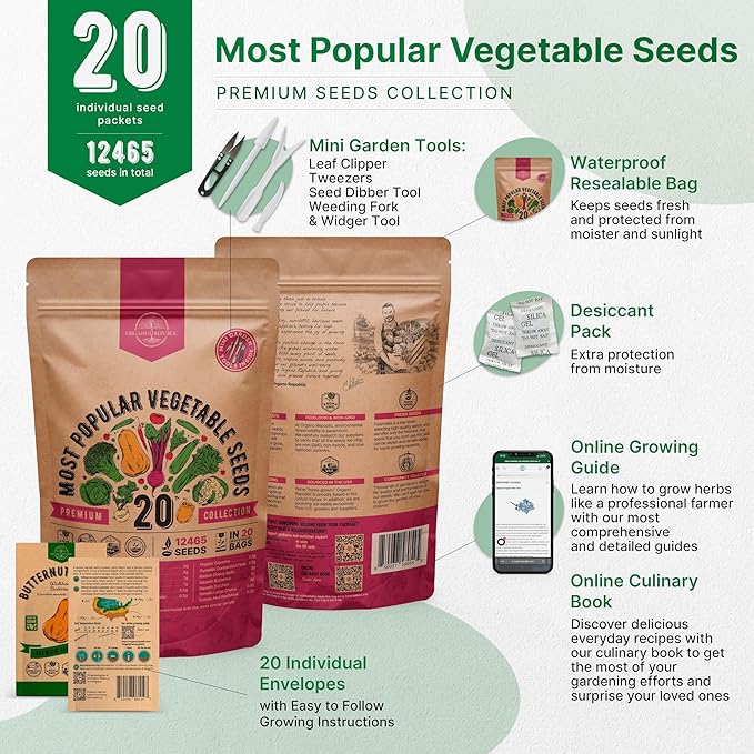 20 Vegetable Seeds Variety Pack - 12,460+ Non-GMO Heirloom Seeds for Planting Vegetables and Fruits in Individual Seed Packets, Home Garden Seeds for Hydroponic, Indoor and Outdoors Gardening