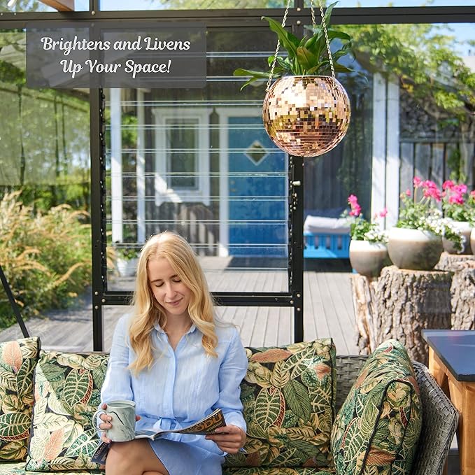 SCANDINORDICA Disco Ball Planter – Value Package: Mirror Disco Planter with Chain, Macrame Hanger and Acrylic Stand for Desk, Self Watering Insert, Plant Lover Gifts | 10 inch Rose Gold