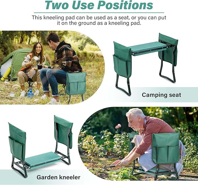 Simple Deluxe Garden Kneeler and Seat, Foldable Kneeling Stool with Thicker EVA Foam Pad, Heavy Duty Bench with Tool Pouch, Gifts for Outdoor Gardening, Fishing, Green