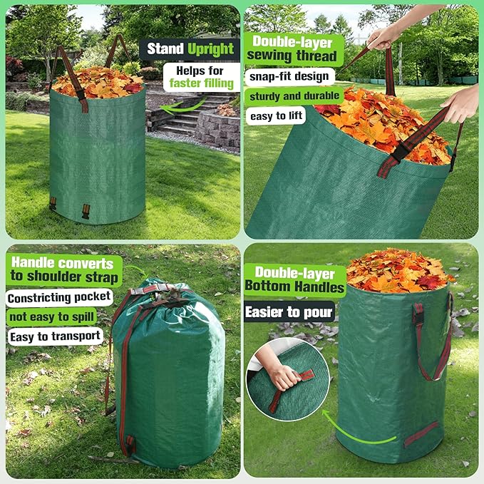Leaf Collector Bag with Lid, Shoulder Strap, and Drawstring – Reusable Yard Garden Bag for Leaves and Lawn Trash, Perfect for Leaf Removal, Yard Clean-Up (Without lid, 48 Gallon)