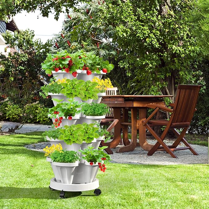 Strawberry Vertical Planter 2 Pack, 6 Tiered Stacking Garden Tower, Stackable Herb Vegetable Planters with Support Pole Indoor Outdoor Black