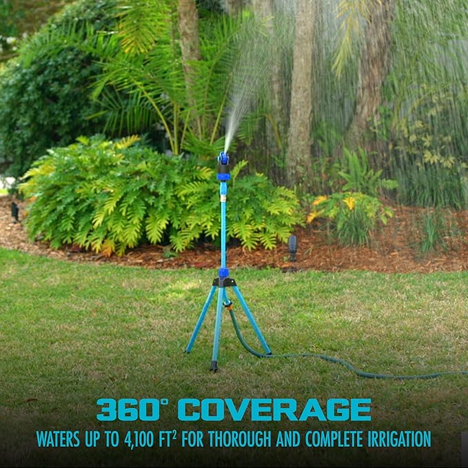 Aqua Joe AJ-6PSTB-MAX HD Sprinkler & Mister W/Metal Tripod Base, 6 Patterns, 4100 Sq. Ft. Coverage, Blue