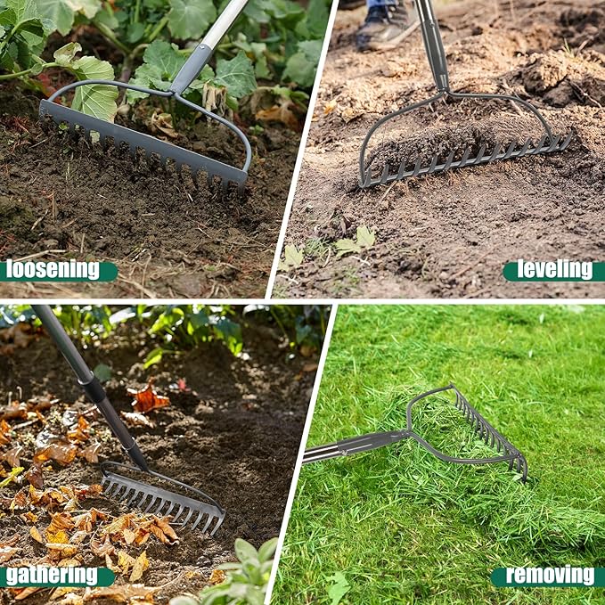 Rake for Leaves, Garden Bow Rake Heavy Duty, 5 ft Leaf Rake for Lawns, Back-Saving Metal Rake with 14 Tines Rake Head, Yard Gardening Tools for Loosen Soil, Clear Gravel Grass Rock, Level Mulch