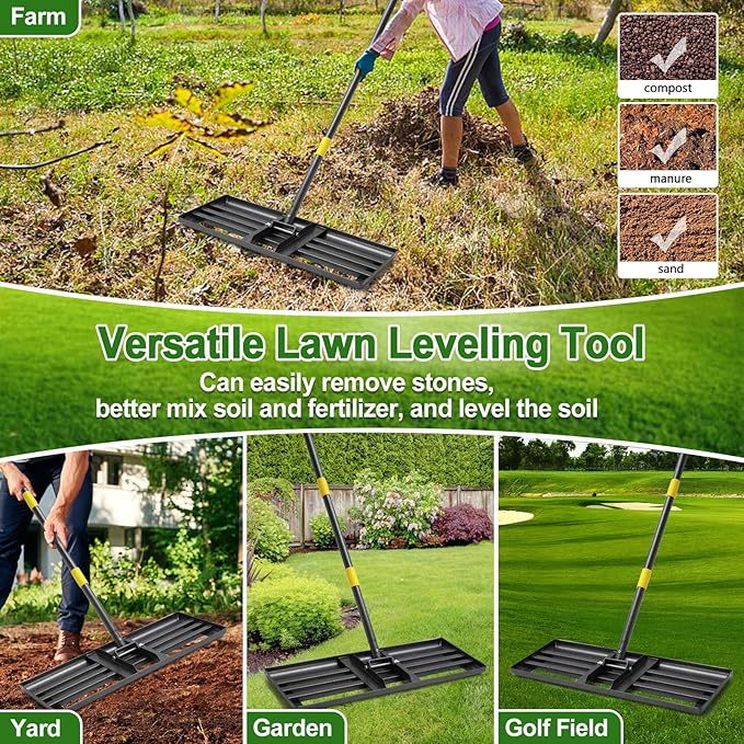 Lawn Leveling Rake, Large Levelawn Tool, 5FT Adjustable Handle Leveling Tool Heavy Duty Stainless Steel Lawn Leveler for Yard Garden Golf Course Soil Grass