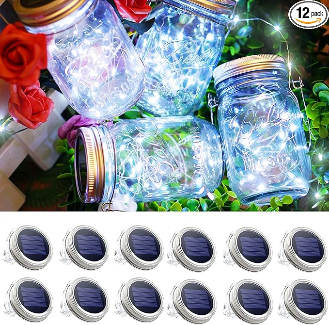 Mason Jars Lids 30 LED 12 Pack Solar Fairy Firefly Lights - Solar Lantern Hanging Lights for Patio Yard Garden Wedding Decorations - Cool White