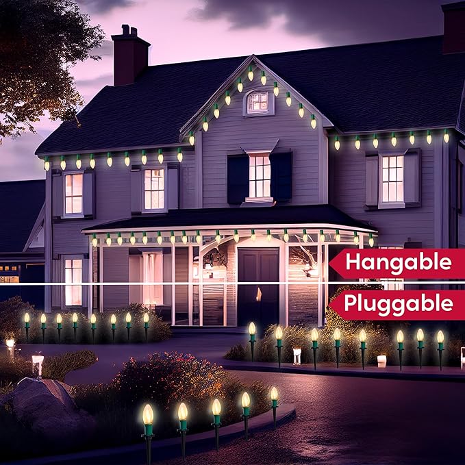 Joiedomi 30.75FT C9 Christmas Pathway Stake Lights 24 LED Jumbo Bulbs, Warm White Outdoor Walkway Decor with Green Wire Connectable for Holiday Commercial Xmas Yard Garden Lawn