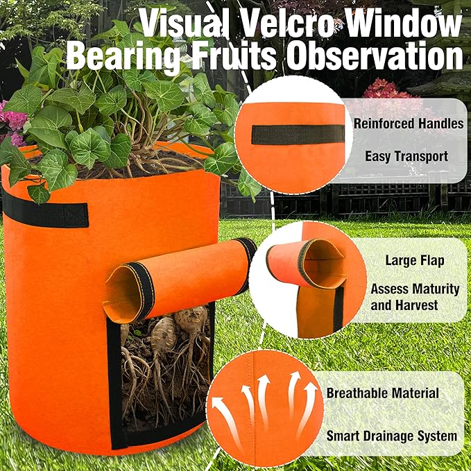 Gardzen 6 Pack BPA-Free 10 Gallon Vegetable Grow Bags with Access Flap and Handles, Suitable for Planting Potato, Taro, Beets, Carrots, Onions, Peanut