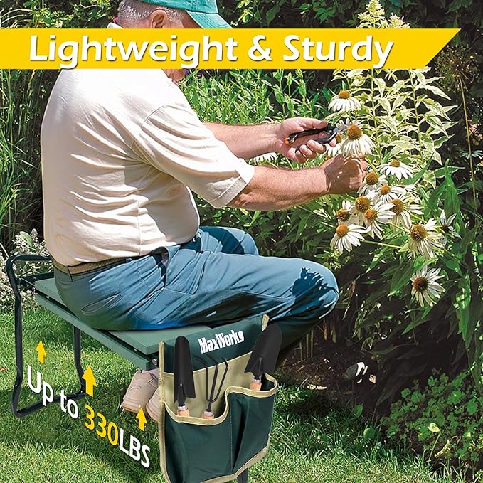 MaxWorks 50921 Folding Garden Kneeler Stool with 8 inch Wide Kneeling Pad, with 1 Tools Pouch for Planting and Gardening (Pack of 2)